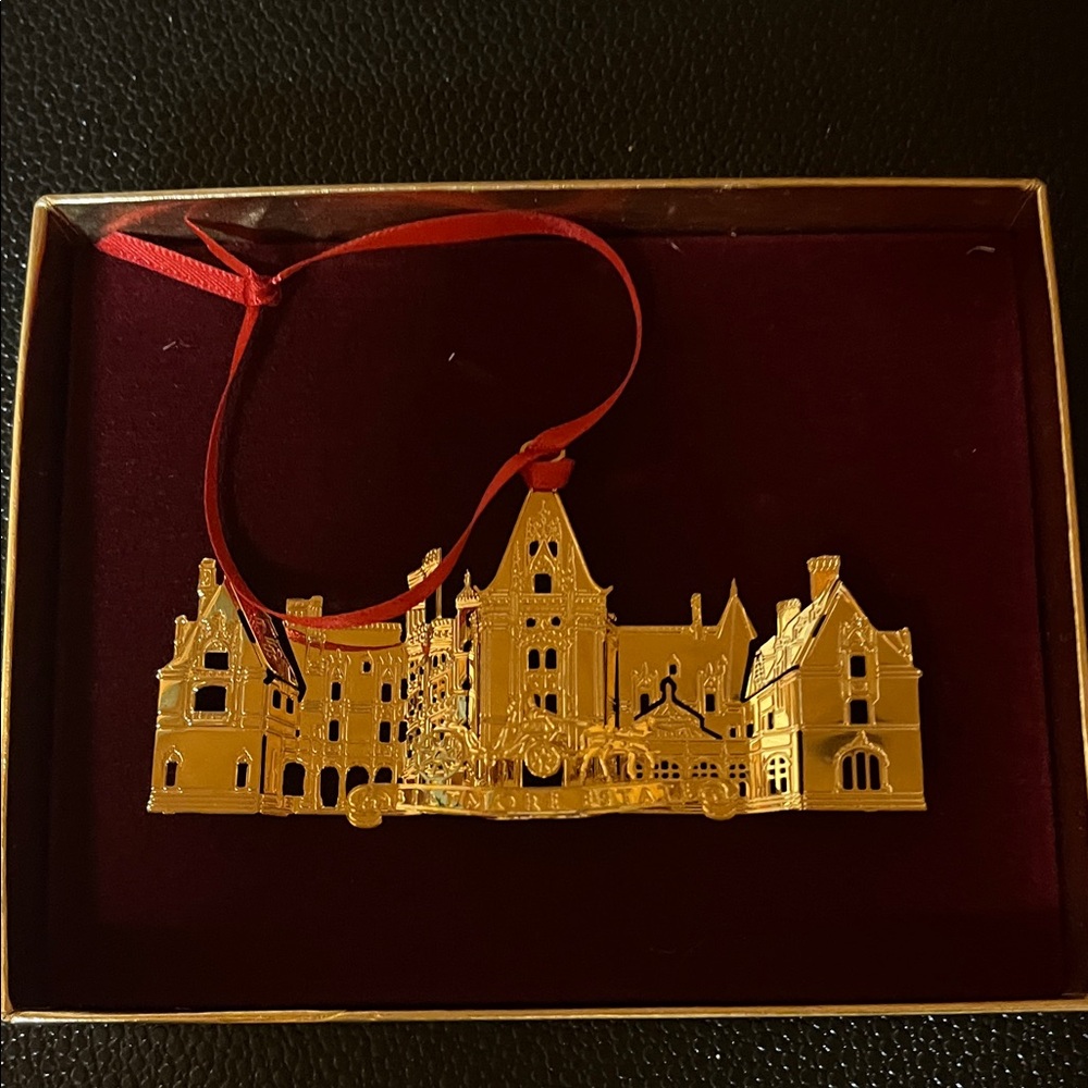 3D Gold Biltmore Estate Holiday Ornament with Red Ribbon